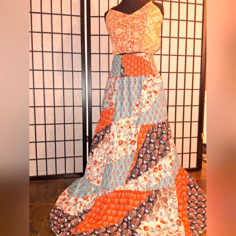 Colorful Patchwork Maxi Boho Skirt With Halter Tank To Complete The Look